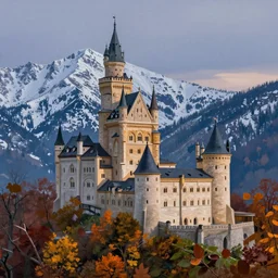 a painting of a castle in the middle of a snowy mountain, a detailed matte painting by andreas rocha and greg rutkowski, autumn, fall colors, dusk, featured on artstation, fantasy art, matte drawing, matte painting, artstation hq