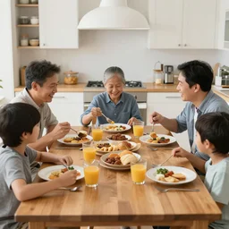 family sitting at their kitchen table enjoying a delicious breakfast, morning, highly detailed,