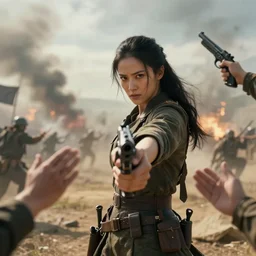 a woman holding a gun in one hand and two other hands, wide shot of a large battle, epic landscape