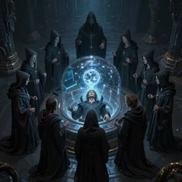 a quantum computer processing the soul of a dying man, surrounded by a dark cabal of hooded elven mystics with long robes gathered in a circular formation, michael whelan art, dan seagrave art, cgsociety, artstation, epic scifi fantasy art