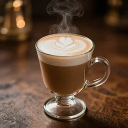 photograph of chai latte in ornate glass cup, cinematic lighting high bokeh