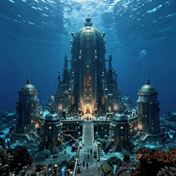 an underwater city, atlantis, marine atmosphere, mythology, mystic atmosphere, landscape, ambient, ultra hd, high definiton, ultra realistic, 4 k hd