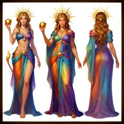 turnaround!!! character design turnaround sheet, color concept art, front side back multiview, eris greek goddess of chaos in colorful robes holding gold apple by artgerm, wlop, greg rutowski, mark ryden