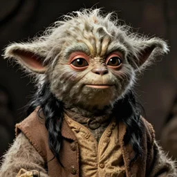 still of young!!!! yoda in ( empire strikes back ). long black hair. smooth skin!!. face looks like young albert einstein! and stuart freeborn!!!