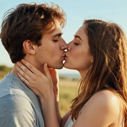 girl kiss man, poster, ultra realistic!!!, hdr, clear weather, golden hour, sharp focus