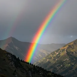 highly detailed realistic photo of rainbow in dark clouds on mountains, vibrant colors, award winning masterpiece photography, hyper realistic, concept art, 8 k detail post - processing