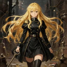 baroque oil painting japanese light novel cover full body illustration lotr anime key visual stunning action shot | young girl black military crusader maid with long flowing blonde hair steampunk city scene | symmetrical perfect face fine detail quiet gaze | gapmoe kuudere moody dynamic lighting bokeh | trending pixiv fanbox | greg rutkowski makoto shinkai takashi takeuchi studio ghibli
