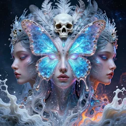3 d goddess butterfly face portrait, face in the center, bioluminescent, liquid fluid beautiful phantom intricate highly detailed quetzalcoatl skull and feathers. ice, galaxy, plasma, lava, milk, artwork by tooth wu and wlop and beeple and greg rutkowski, 8 k trending on artstation, volumetric lighting