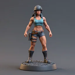 80mm resin detailed miniature of a very Muscular miner woman, sleeveless tops, helmet, abs, navel, boots, Logo, textured base; Product Introduction Photos, 4K, view from front