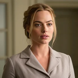 Margot Robbie as Miss Marple in a closeup still from the movie Miss Marple