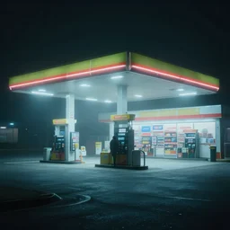 a convenience store at a gas station in the dark and misty night, observed from afar in the fog, cyberpunk style ( 2 0 6 0 )