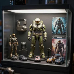 a dark gift shop display case with master chief toys figures, accessories, and vehicles. 3 5 mm f / 2. 8 macro lens. halo 2 box art 2 0 0 7. 3 d blender rendered in 5 0 0 0 cycles. subsurface