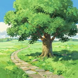 cute ash tree, stone walkpath landfield, gouache matte painting by makoto shinkai