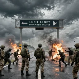 private military company operatives standing guarding highway checkpoint being attacked by climate migrants, severe weather storms, cinematic lighting, realistic, detailed, intricate, digital art, ambient, by darek zabrocki, industrial art style, 3 5 mm film grain, artstation