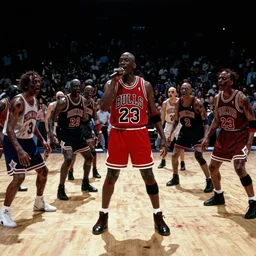 still from thriller music video with michael jordan singing in the center, zombie dancers, wide shot