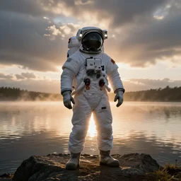 amazing landscape photo of astronaut!!! standing on the lake at sunrise by Charlie Waite beautiful dramatic lighting, surrealism