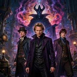 a young mix of willem dafoe, christopher walken, michael emerson, evil wizard, intricate colorful cosmic smoke magic, victorian steampunk city vista, hyperrealism, octane render, extremely detailed, style of studio ghibli, artgerm, mcquarrie, ralph