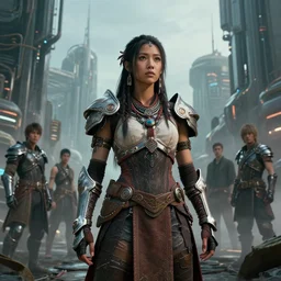 a portrait of a tribal women with sci-fi armour standing in the foreground of a mechanical city by Greg Rutkowski, Sung Choi, Mitchell Mohrhauser, Maciej Kuciara, Johnson Ting, Maxim Verehin, Peter Konig, final fantasy , mythical, 8k photorealistic, cinematic lighting, HD, high details, atmospheric,