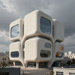 solarpunk frontal architectural photograph of a cubic high tech building with smooth organic curved flowing sci - fi streamlined cuts on the facade, off white with colorful cuts, standing out within a grey urban area