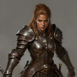 Female barbarian, heavy brown metallic armor, beautiful, light brown messy hair, dark skin, brown eyes, detailed face, battle stance, high fantasy, extremely detailed, DND, D&D, matte painting, by peter mohrbacher