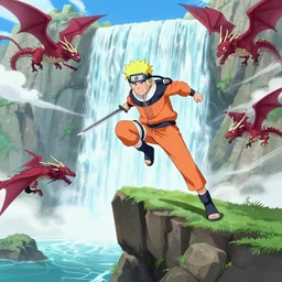 man with sword jump of the cliff in front of the waterfall, dragons flying around, anime, cartoon, superhero, naruto