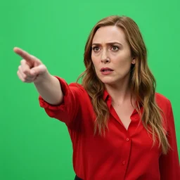 Elizabeth olsen,red shirt, angry and pointing,acting, in front of a green screen