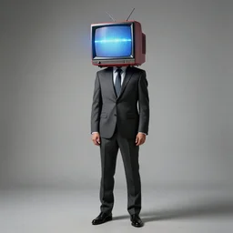 full body man in suit with wearing a cathode ray tube TV on his head