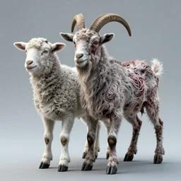 lamb and goat fused as one, scientific photo, disfigured horror