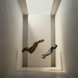 flying clothes inside minimal interior surrealism, renderman, tall walls