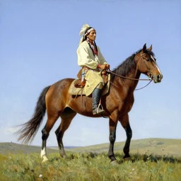 western painting, native american sitting on horse on top of hill, by norman rockwell