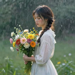 a girl carries flowers in the rain!!!!!!!!!!!!!!!, full shot, by monet