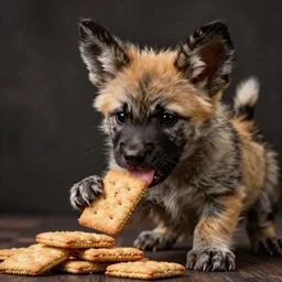 serving graham crackers to a fluffy african wild / painted dog pup so he can happily lick his graham crackers : a good boy who deserves his tuesday grahams