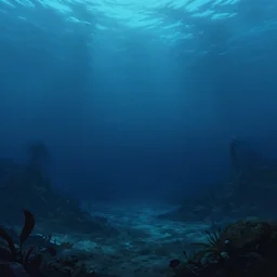 Alien world underwater on the ocean bed, deep blue water color, cinematic perspective, slight plant life around, matte painting, Artstation