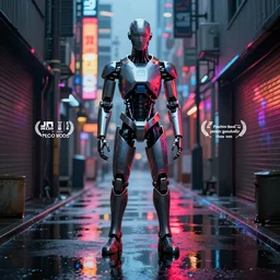 portrait of a cyberpunk cyborg robot in an alley in future tokyo at night, reflections on wet ground by sachin teng and pascal blanche nekro josan gonzalez rhads ruan jia. in style of digital art. cinematic lighting, film noirs, symmetry, vibrating colors, hyper detailed. octane render, artstation, clear, sharp, straight lines