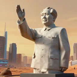 a photo of mao zedong's sculpture in cyberfunkcity on mars by joe johnston and nilo rodis, highly detailed, dramatic lighting, radiant light, detailed and intricate environment, wide angle, cinematic lighting