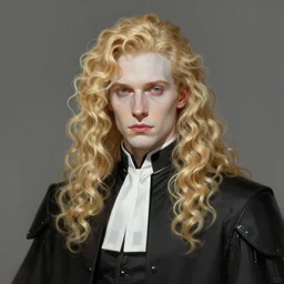 Portrait of an androgynous man by Greg Rutkowski, he is about 30 years old, mixture between russian and irish, long fluffy blond curly hair, attractive, extremely pale white skin, smart looking, he is wearing a black futuristic lawyer outfit, highly detailed portrait, scifi, digital painting, artstation, concept art, very very very pale skin, very very long curly blond hair,  smooth, sharp foccus ilustration, Artstation HQ