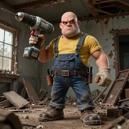 grumpy chunky bald handyman, giant powerdrill!! hands, in a dusty wrecked home, full body, hyperrealistic digital art masterpiece, highly detailed neo pop surrealism, jason limon kay sage hannah yata, dramatic lighting, low angle, uhd 8 k, sharp focus