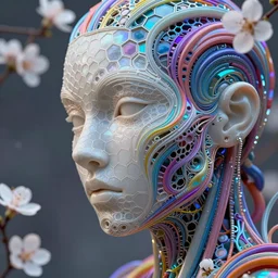 a melancholic realistic 8k Sculpture of a complex robotic human face, liquid simulation, bright psychedelic colors, dramatic lighting, hexagonal mesh wire, filigree intricate details, cinematic, fleshy musculature, white blossoms, elegant, 50mm lens, DOF, octane render, art nouveau, 8k post-processing, intricate art by Raymond Swanland