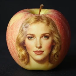 an apple, the fruit, with the face of christina applegate on its skin