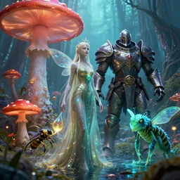 by chet zar and alexander jansson, visually stunning, cinematic, ultra realistic, hyper realism, 1 2 k, epic, octane render, unreal engine, vfx, maya, plum faerie : chosen of the bulb, forbidden water mushroom : knights of the zodiac, armored goon : weaponized wasp, quicksand elemental : beaming sidekick