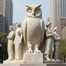 long shot photo of a soapstone Art Deco statue of a barn owl,sculped by Paul Landowski,Jean Dupas, Tamara de Lempicka, Reginald Marsh, Rockwell Kent, and Diego Rivera,beared,long shot,wide shot,low angle,Sigma 85 mm,very detailed,unreal-engine,city in the background