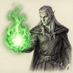 a male elvish sorcerer casting a green fireball | | pencil sketch, realistic shaded, fine details, realistic shaded lighting poster by greg rutkowski, magali villeneuve, artgerm, jeremy lipkin and michael garmash and rob rey