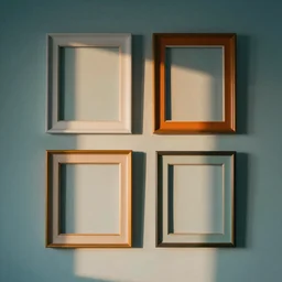 painting frames on a room wall, geometric arrangements, evening ambiance, beautiful volumetric lighting, smooth, soft teal and orange colors, photorealism