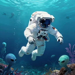 a dreamlike scene of an astronaut swimming through the ocean surrounded by aliens, masterpiece, illustration, perfect, trending on pixiv, trending on artstation