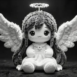 cute fumo plush of a fallen angel girl who serves the unnamable ones, eldritch, vray render, black and white