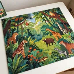 a jigsaw puzzle made from an epic beautiful jungle scene with many different animals, laid out on a table