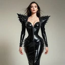 award winning high fashion latex dress with huge spikes, blade runner 2 0 4 9 style, sexy fashion model with long hair, high - end photoshoot, soft rembrandt lighting