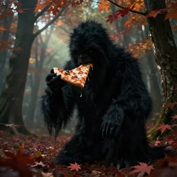ominous fuzzy pitch black shadow creature eating pizza in a maple tree forest, uncanny, vhs, creepypasta, octane render, ray - tracing, godrays, 6 k