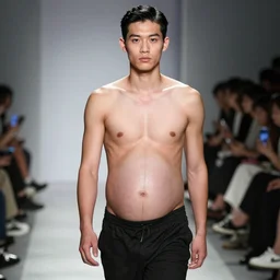 A pregnant male model from China with a big belly walking down the runway at a fashion show, 85mm