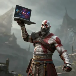 in game screenshot of kratos holding up a laptop computer in victory from the new god of war game, 4 k